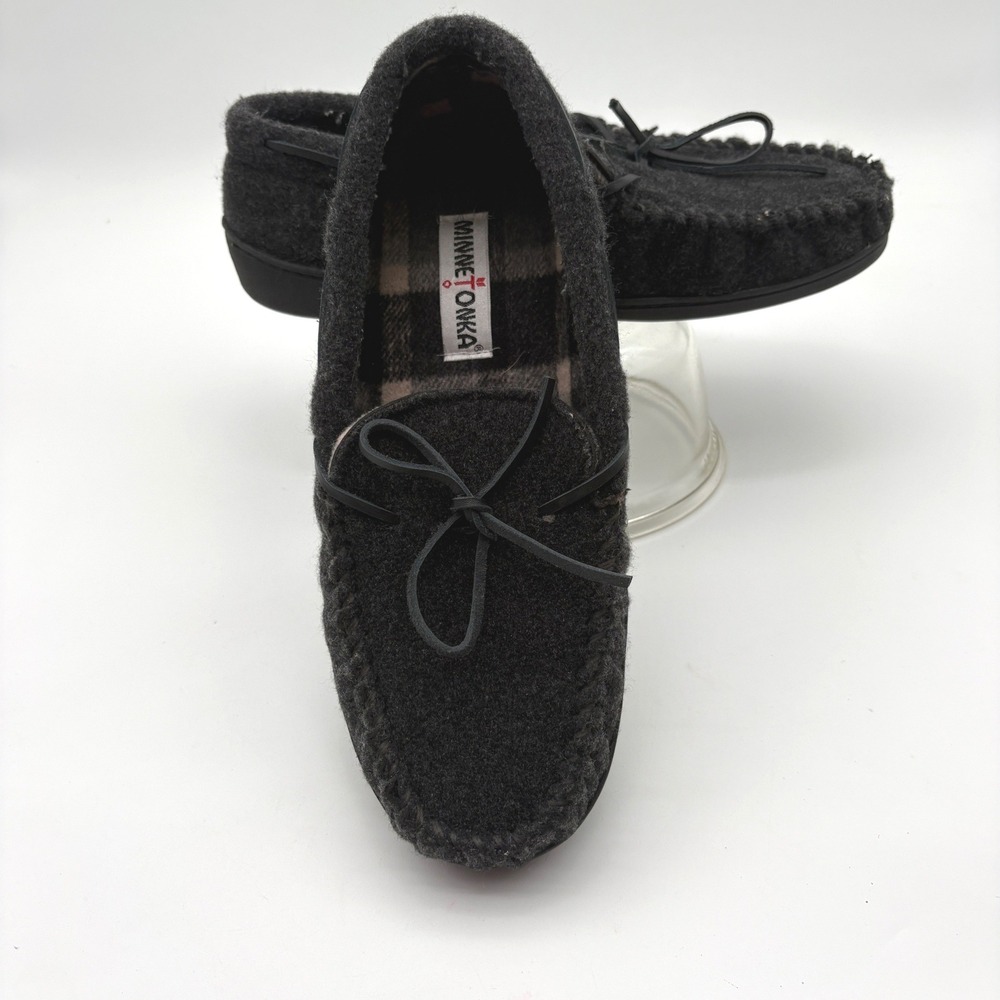 Minnetonka Mens Charcoal Grey Wool Plaid Lined Moccasin Slippers 45019 Size 11
